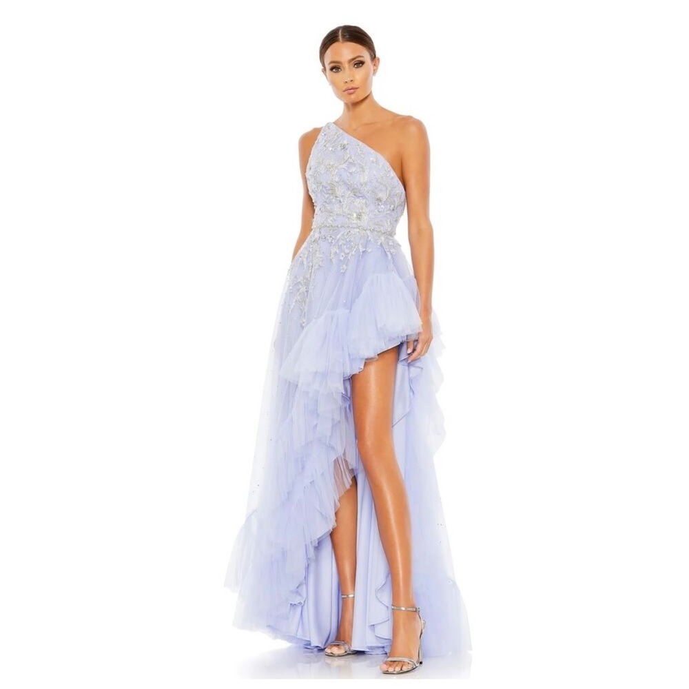 NWT Mac Duggal 11265 Periwinkle One Shoulder Embellished Hi Low Gown Sz 8 $798